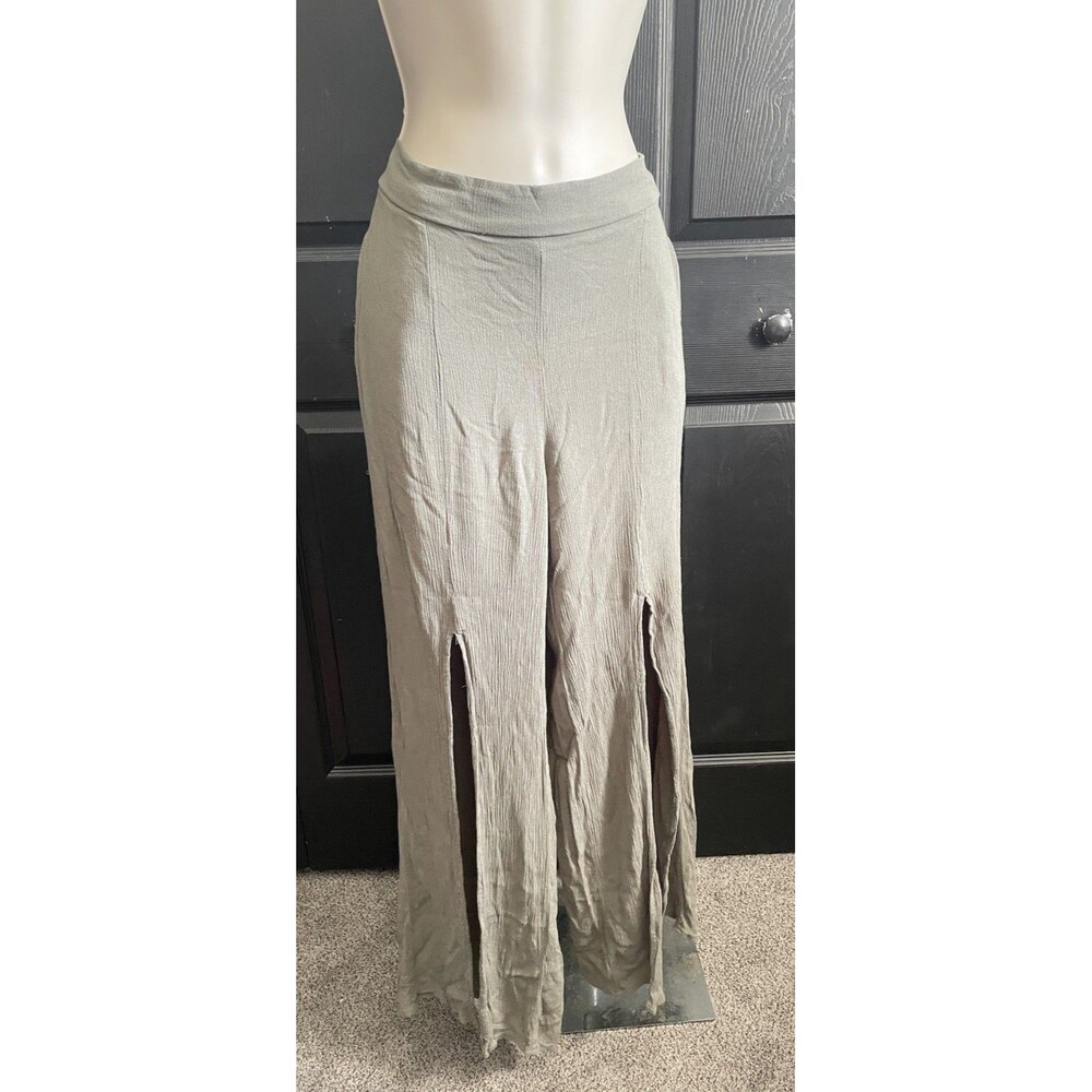 Contempo Womens XL Olive Green Crinkle Wide Leg Palazzo Pants Front Slit